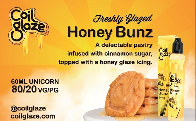 Coil Glaze Honey Bunz, Şekerli Tarçın, Bal ve üzerine Krem Şanti ile hazırlanmış nefis pastanın muazzam lezzet ve koku iştah açıcı e-likit sıvısı % 70 VG % 30 PG oranına sahip yumuşak içimli Ballı pasta aromalı Coil Glaze Honey Bunz E Likit Sıvısı Las Vegas'da üretilmiştir.